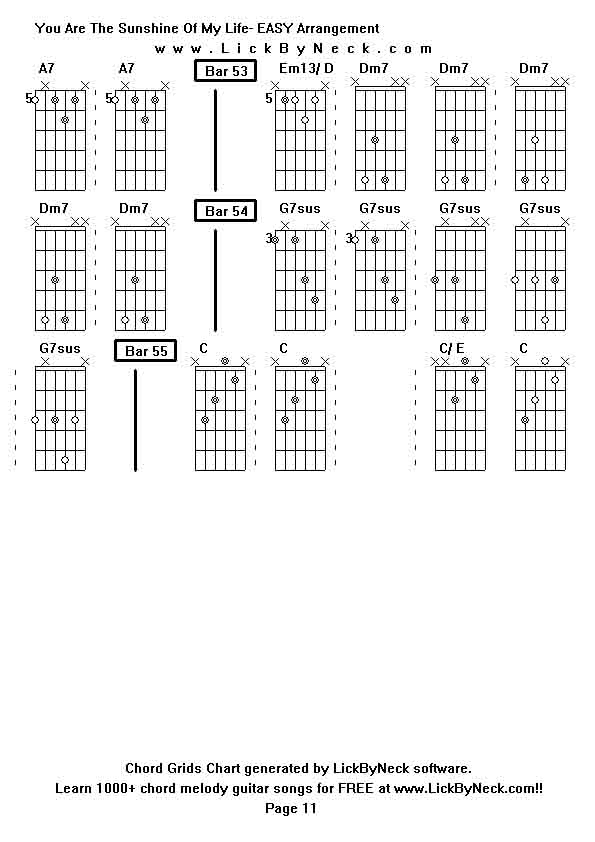 Chord Grids Chart of chord melody fingerstyle guitar song-You Are The Sunshine Of My Life- EASY Arrangement,generated by LickByNeck software.